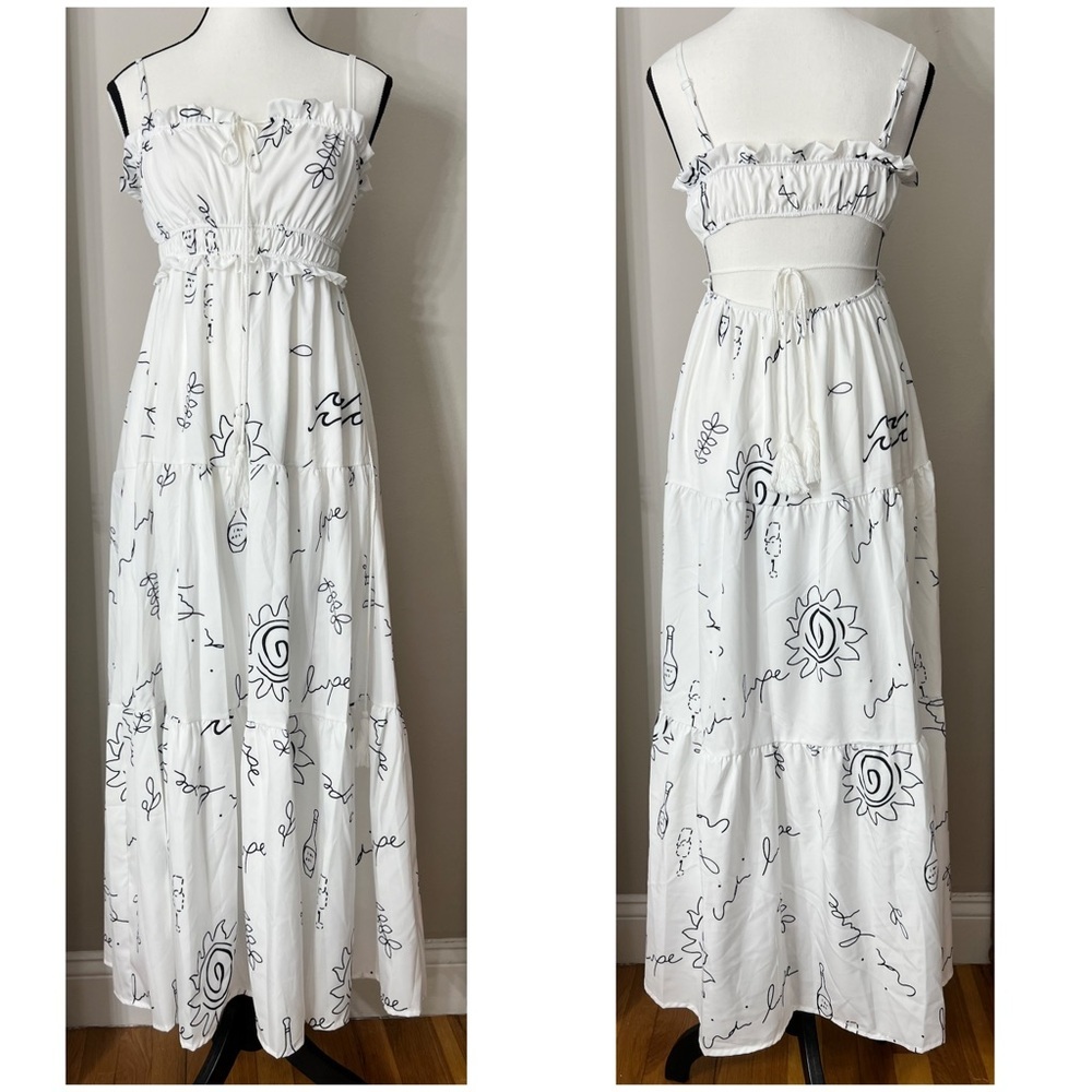 White Navy Blue Tie Front Cut Out Tiered Maxi Dress